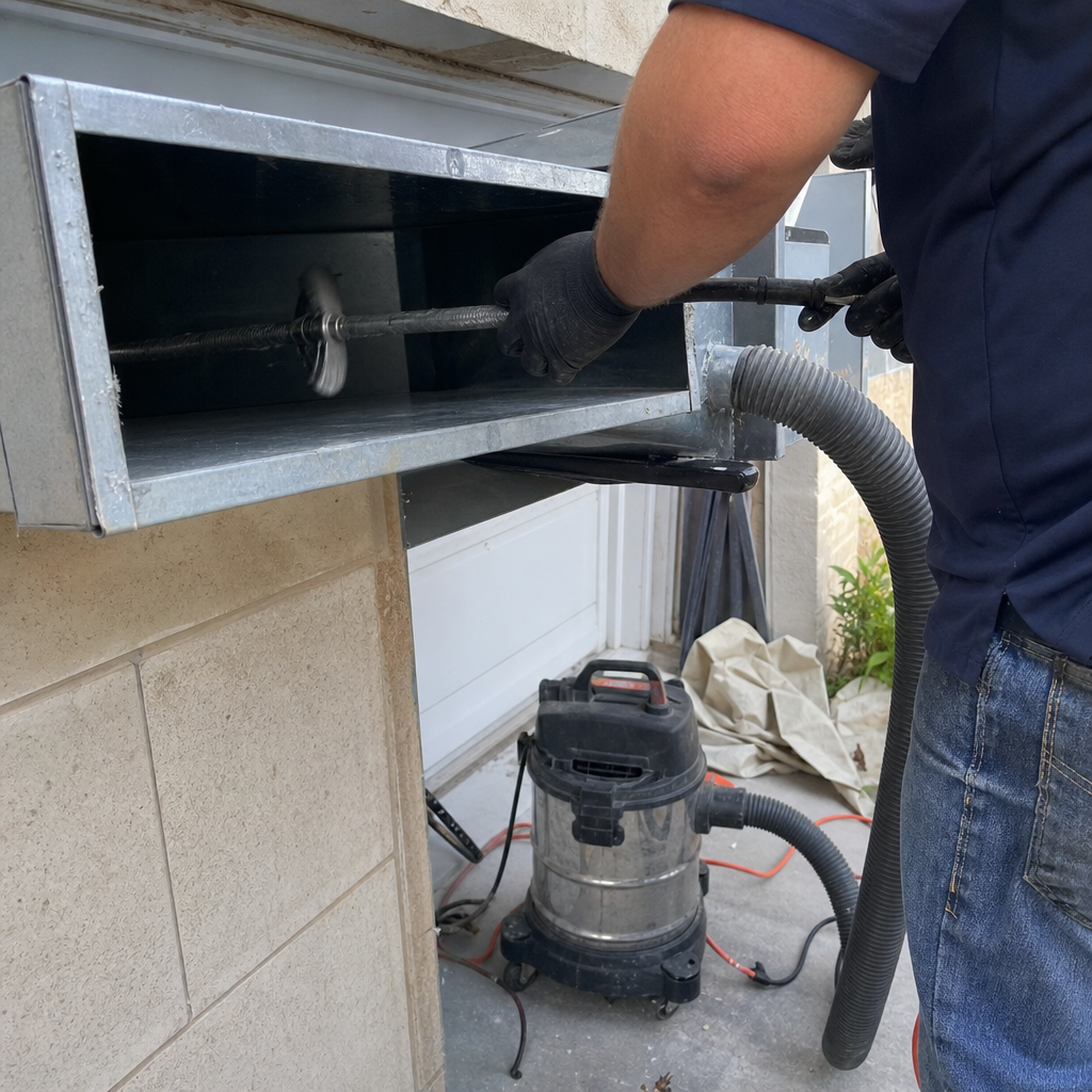 Technician using professional tools for thorough residential air duct cleaning service.