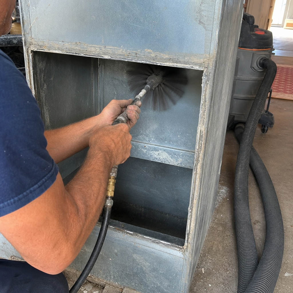 Technician using a rotating brush tool for professional air duct cleaning