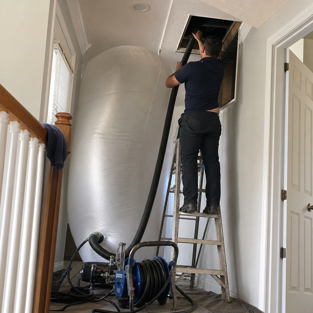 Professional technician performing residential air duct cleaning with specialized vacuum equipment
