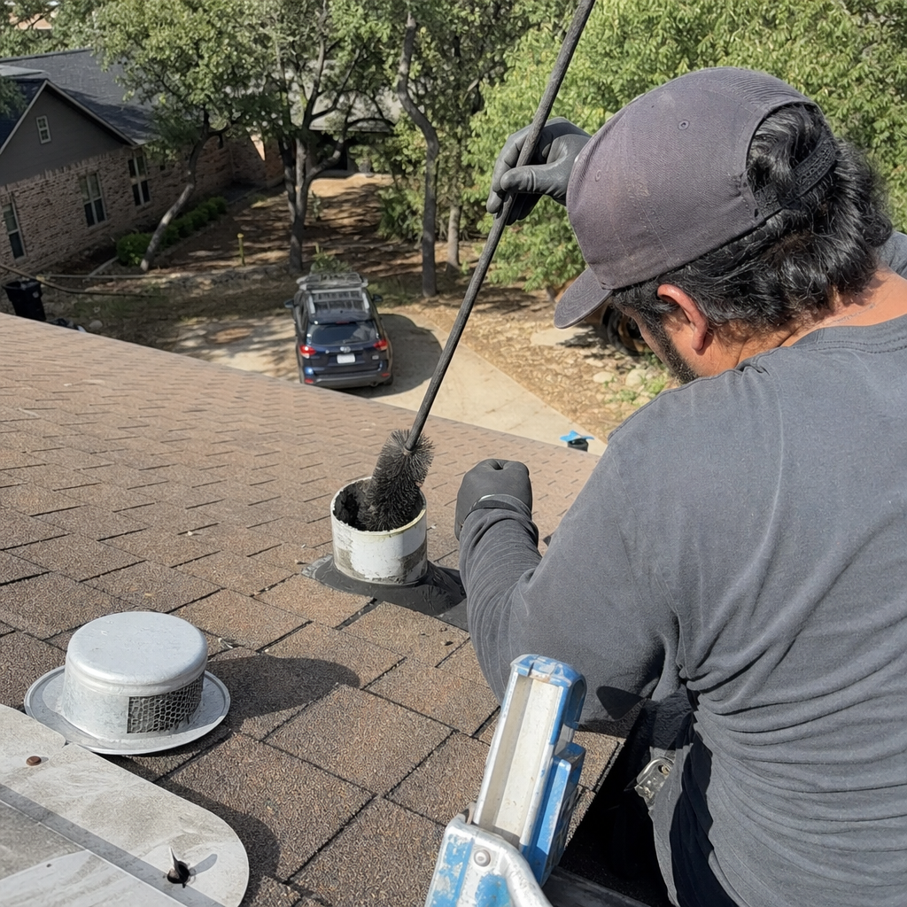 Professional technician performing residential dryer vent cleaning from a roof