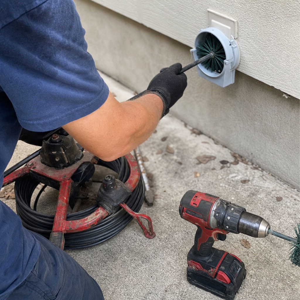 Professional dryer vent cleaning service using a rotating brush tool