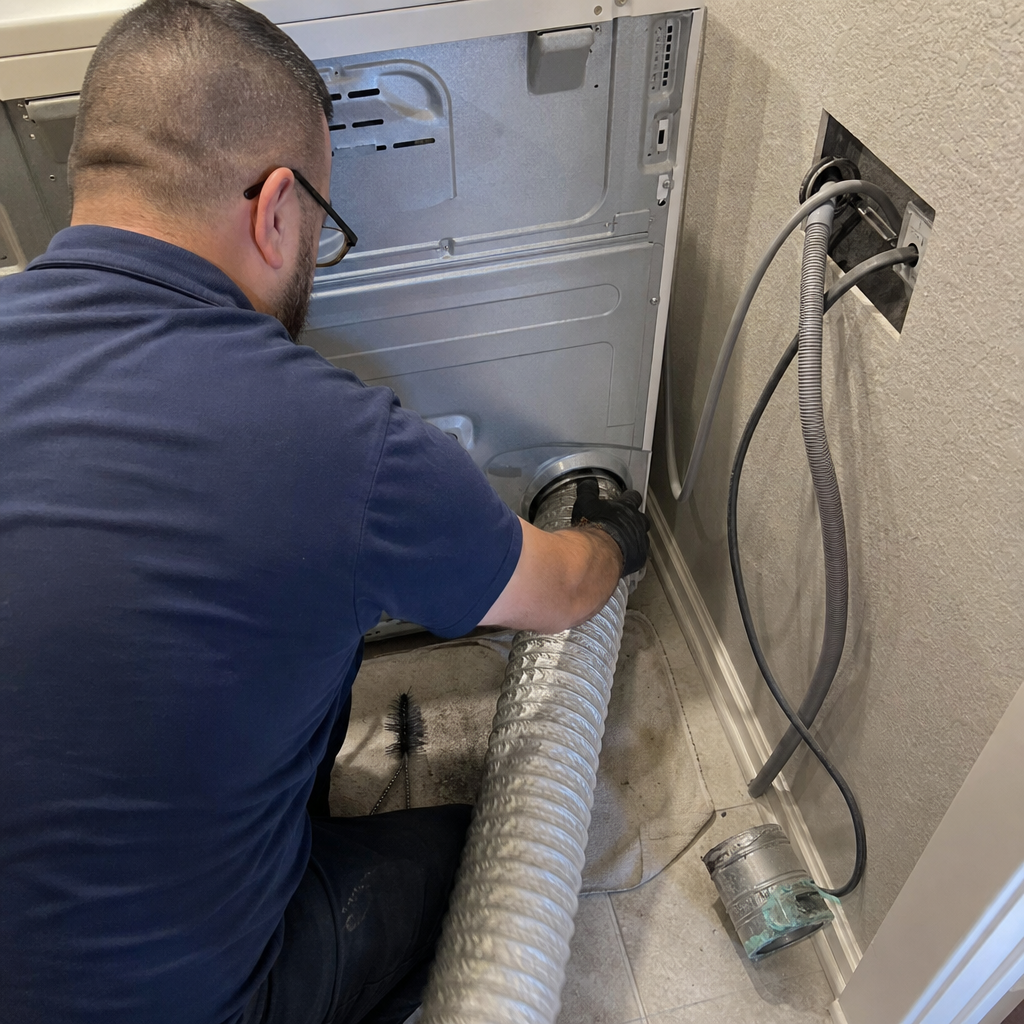 Technician attaching a dryer vent hose for professional duct cleaning
