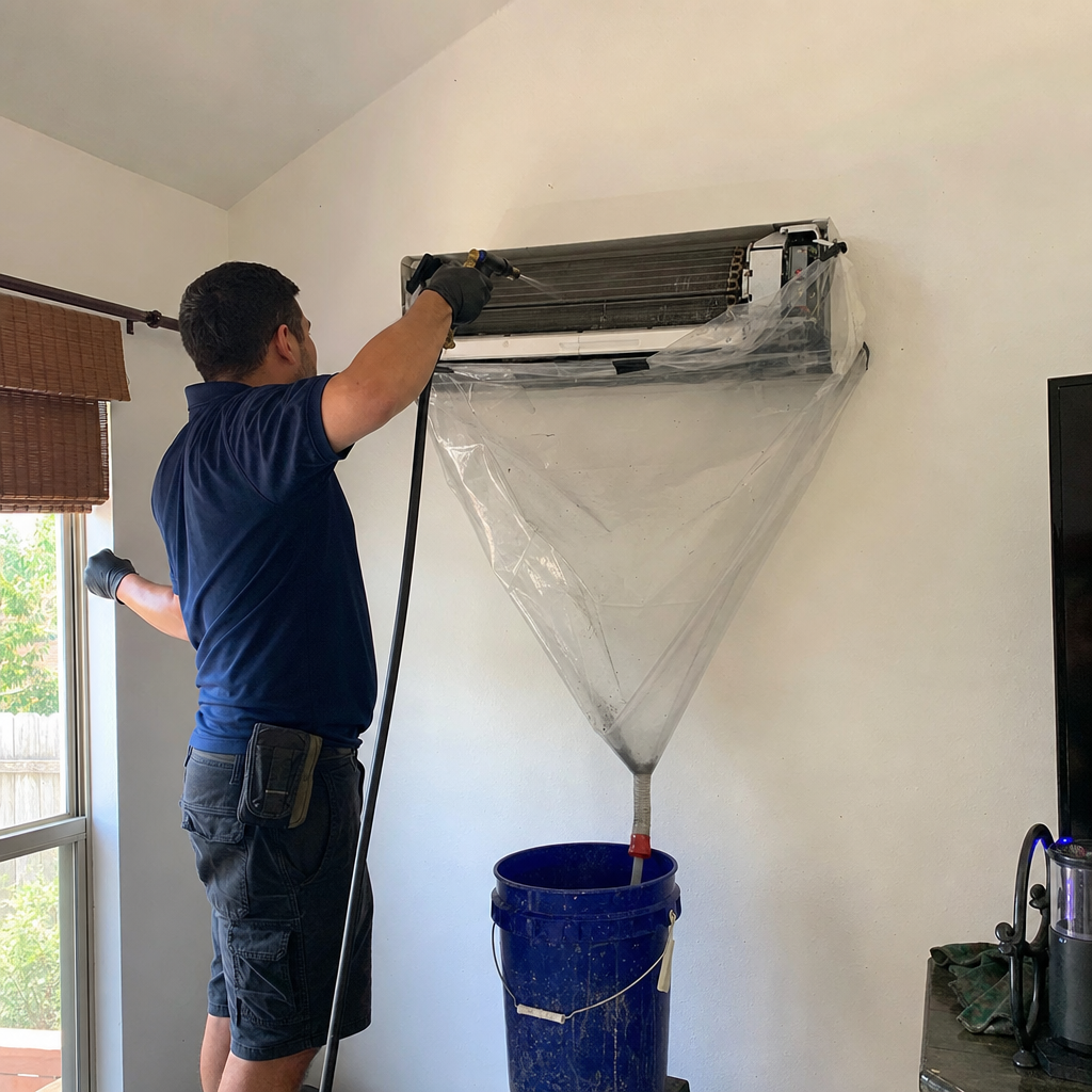 Technician performing professional ductless mini-split HVAC coil cleaning