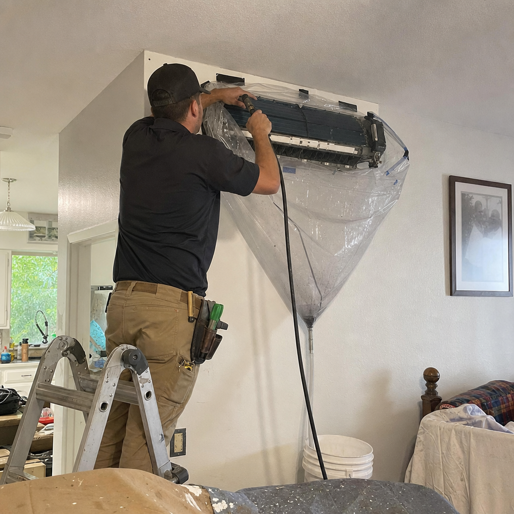 Technician performing professional indoor mini-split HVAC system deep cleaning