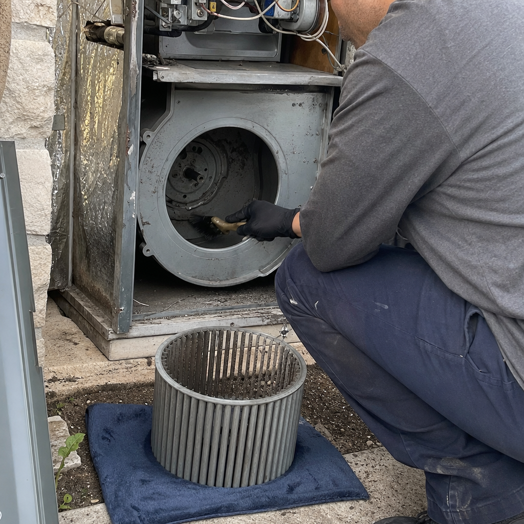HVAC technician cleaning furnace blower wheel and internal air system