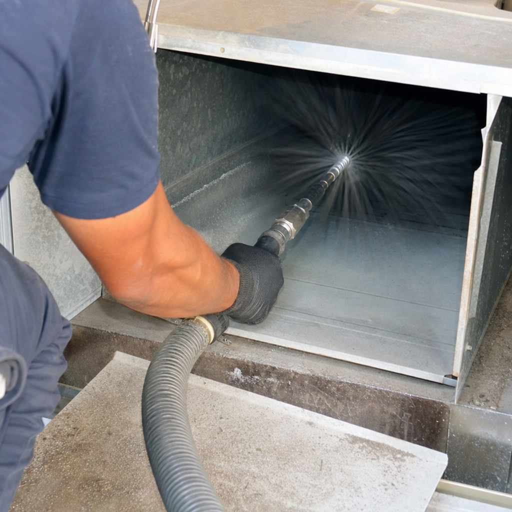 Technician using rotary brush tool for professional air duct cleaning service