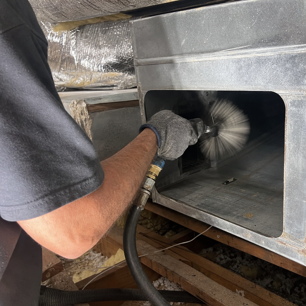 Technician using a rotating brush tool for professional air duct cleaning