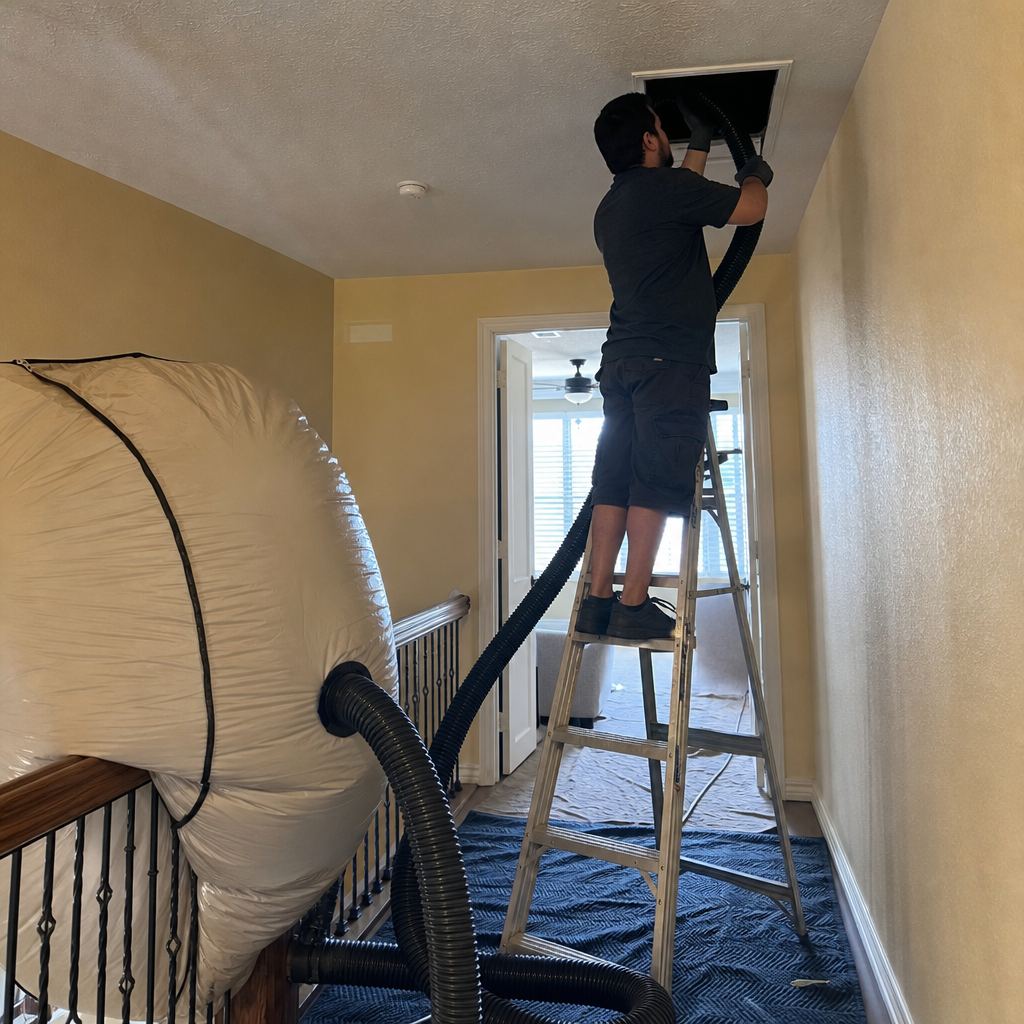 Professional technician performing residential air duct cleaning service with vacuum equipment