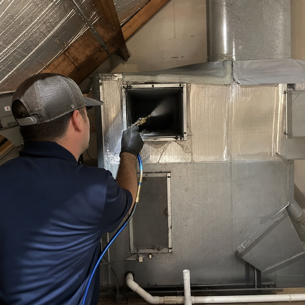 Technician performing professional air duct sanitization and cleaning service in Austin, TX