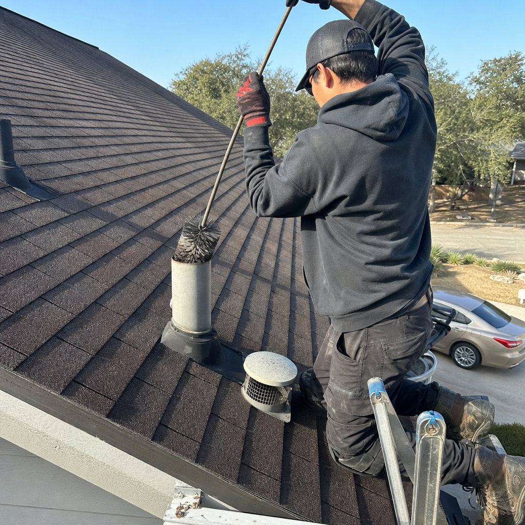 Professional technician performing dryer vent cleaning on a residential roof