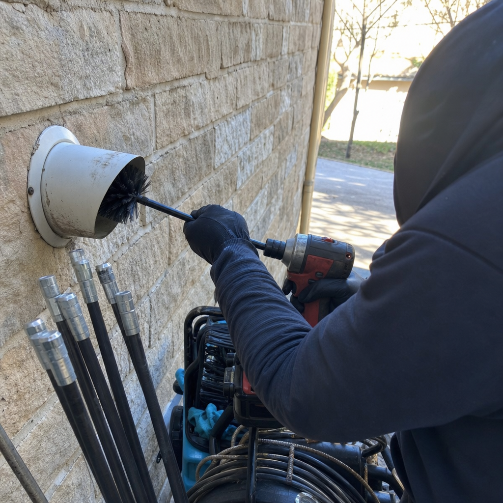 Technician using a rotary brush to clean an exterior dryer vent