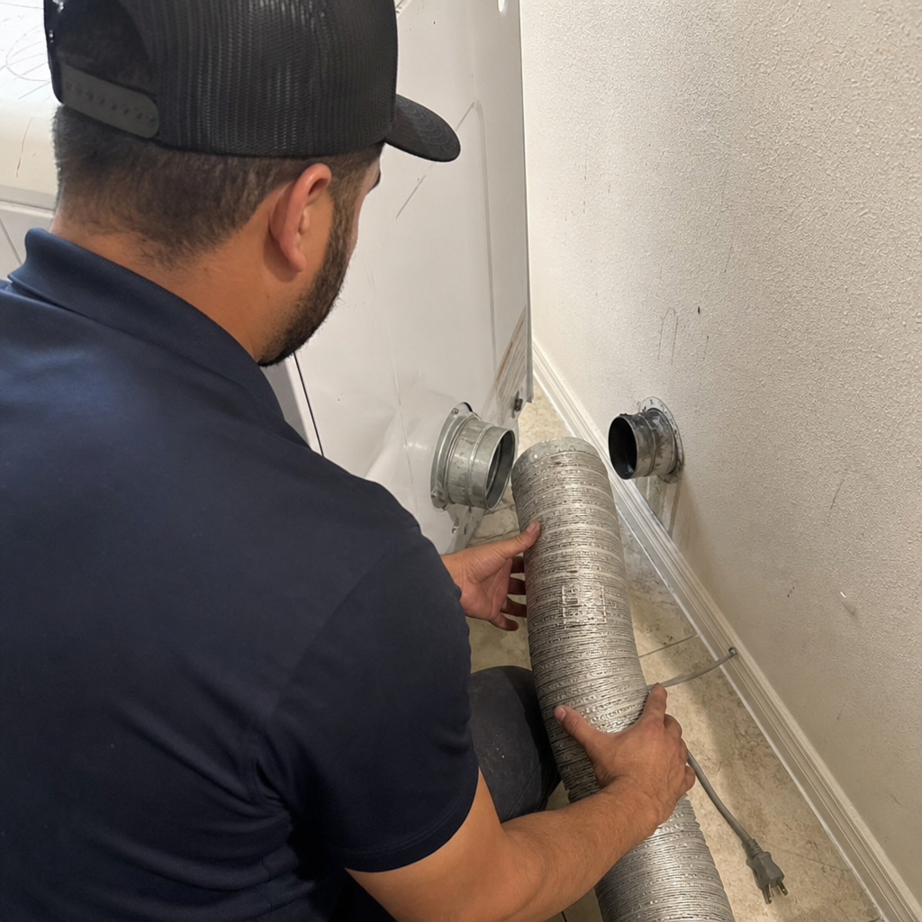 Technician connecting dryer vent hose for professional duct cleaning