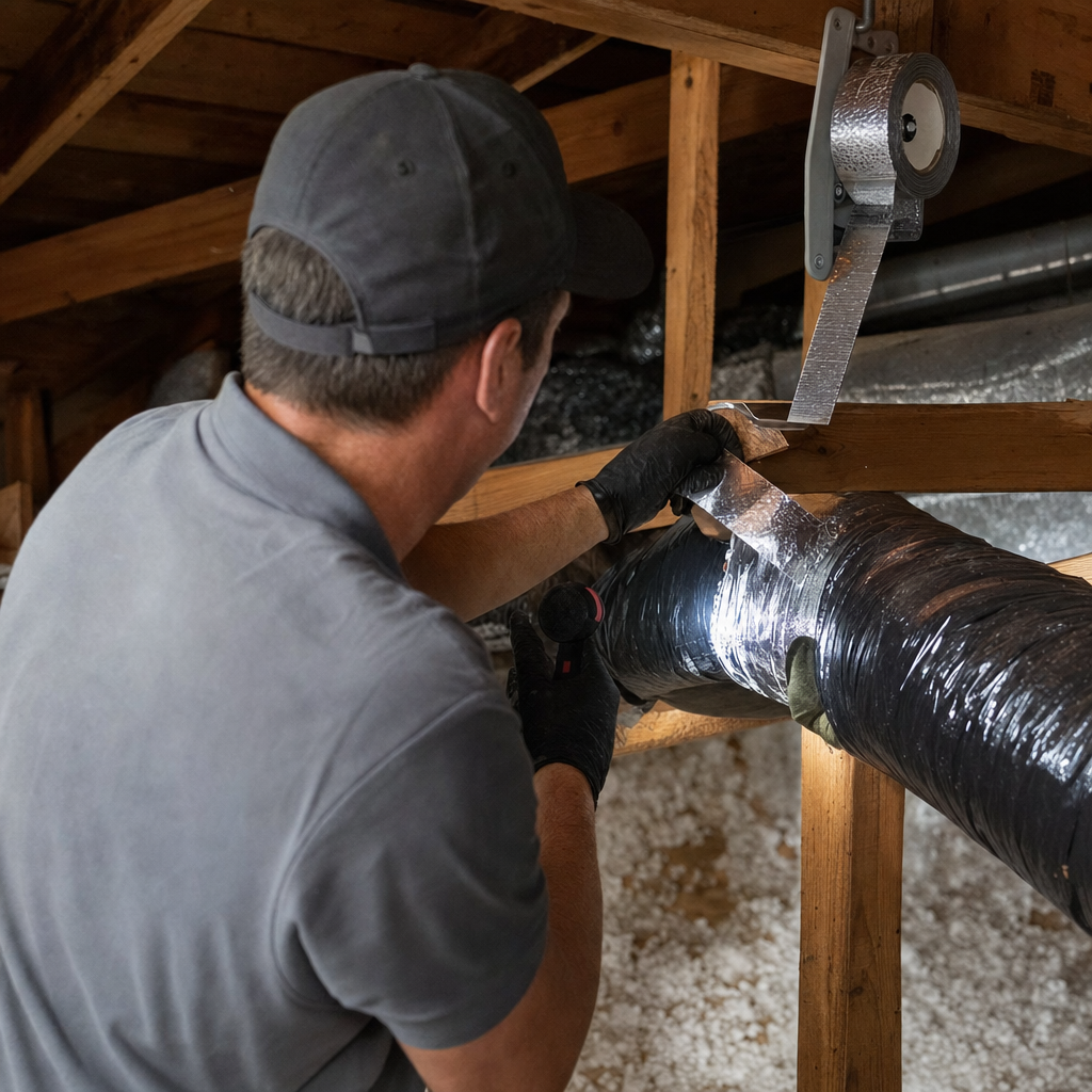 Technician performing professional duct repair and sealing in an attic in Austin, TX