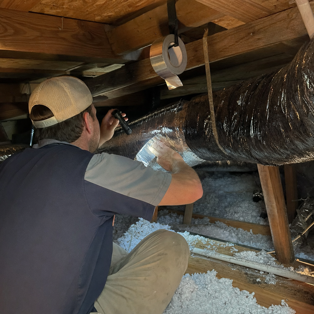 Technician performing professional air duct repair and sealing in an attic. in Austin, TX