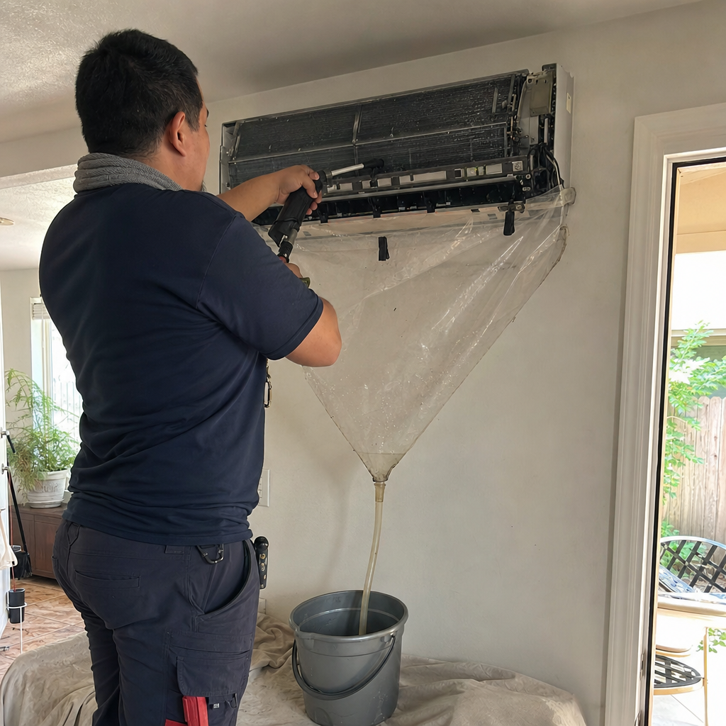 HVAC technician cleaning a wall-mounted air conditioner unit