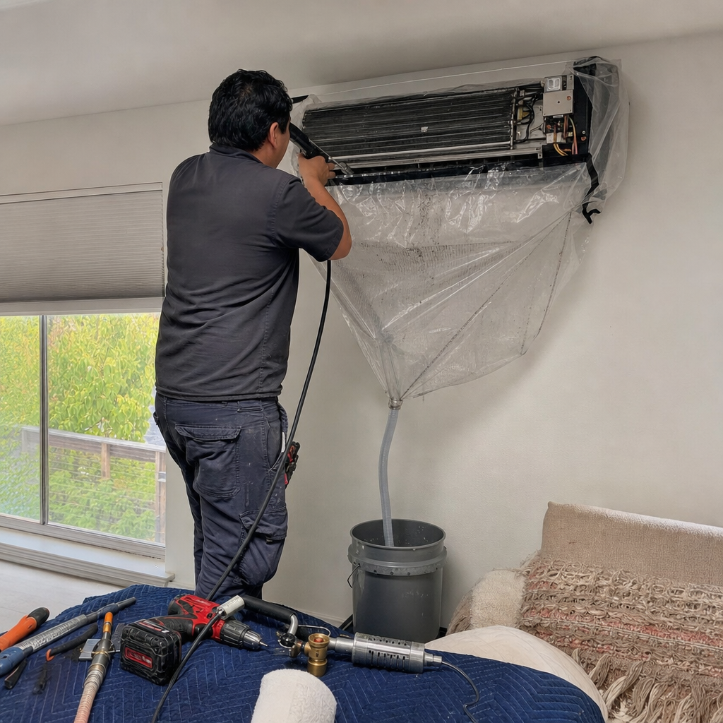 HVAC technician performing professional deep cleaning on a wall-mounted air conditioner