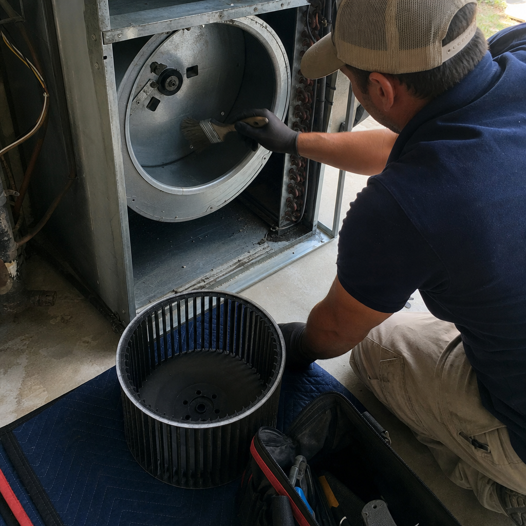 HVAC technician performing professional air conditioning blower motor and unit cleaning